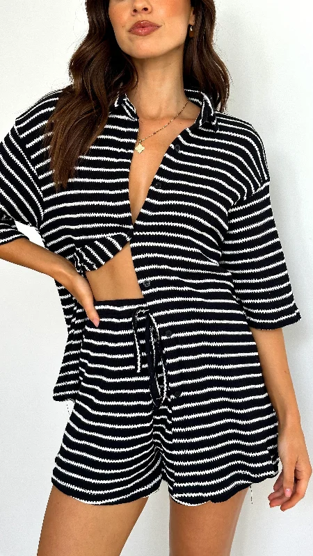 Lacole Button Up Shirt and Shorts Set - Black / White Stripe Shop Ladies Clothes