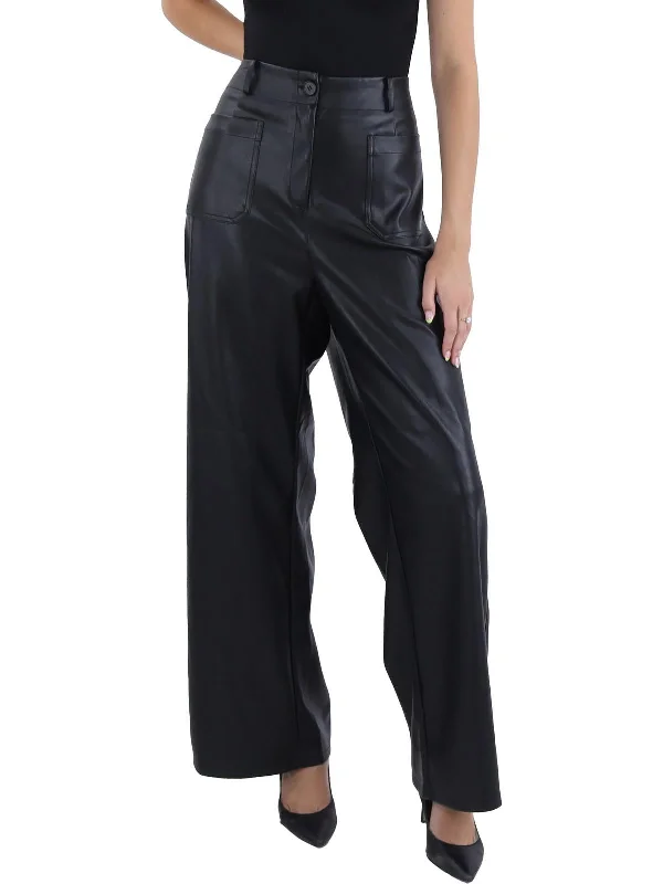 Reeve Womens Faux Leather High Rise Wide Leg Pants Women's Evening Wear Outfit