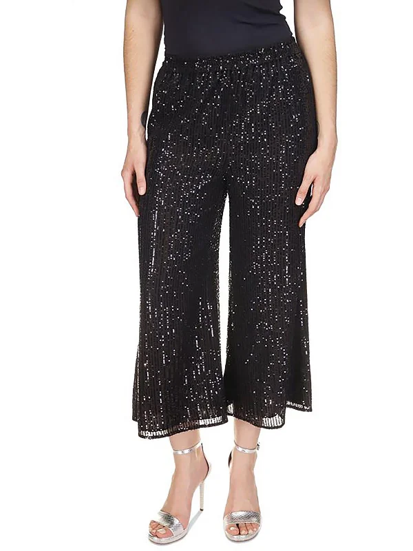 Petites Womens Sequined Wide Leg Cropped Pants Timeless Women's Clothes