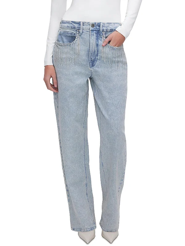 90's Diamond Fringe Womens High-Rise Light Wash Straight Leg Jeans Women's Seasonal Clothing